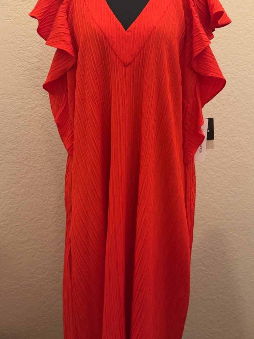 Sandra Darren Vibrant Red V-Neck Maxi Dress with Ruffle Sleeves and pockets